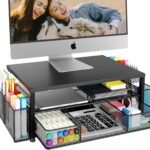 OPNICE Desk Organizer and Accessories, 2-Tier Computer Monitor Stand Riser with Drawer and 2 Pen Holders, Laptop Stand, Office Desk Accessories for Office Supplies, Black